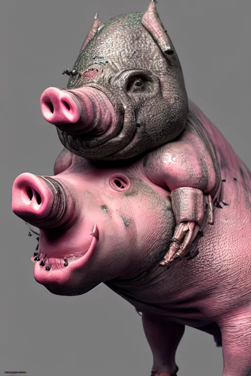 Image similar to skin concept, pig, biopunk, threes, teeth, many details, crystals, guyver style, 3 d, cinematic, hyper realism, high detail, octane render, art by hans giger