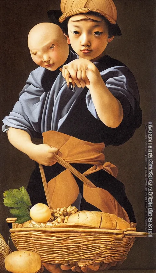 Image similar to hyperrealistic still life painting of a boy with a basket of bao by Caravaggio, botanical print