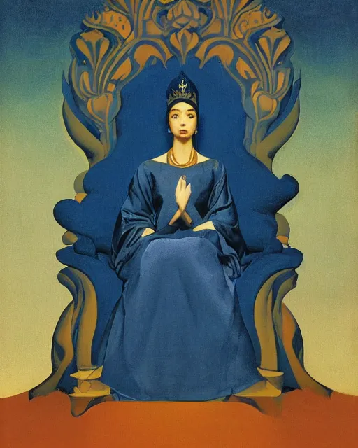 Prompt: an illustration of a queen on a throne at night in the style of johann heinrich fussli and nicholas roerich and georgia o keeffe, realistic, highly detailed, master oil painting, concept art