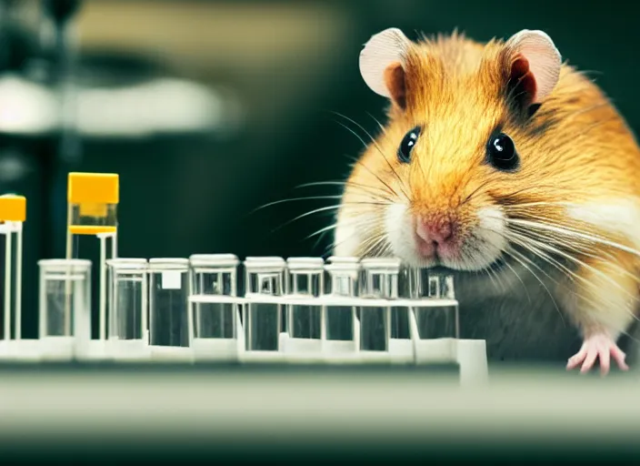 Image similar to film still of a hamster working in a research lab filling test tubes, 8 k