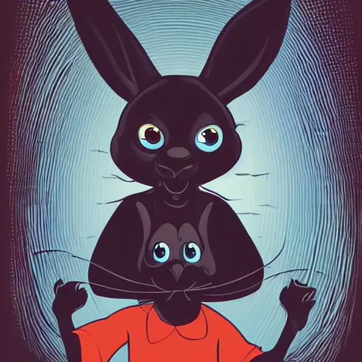 Image similar to A extremely highly detailed majestic hi-res beautiful, highly detailed head and shoulders portrait of a scary terrifying, horrifying, creepy black cartoon rabbit with scary big eyes, earing a shirt laughing, hey buddy, let's be friends, in the retro art style of Walt Disney