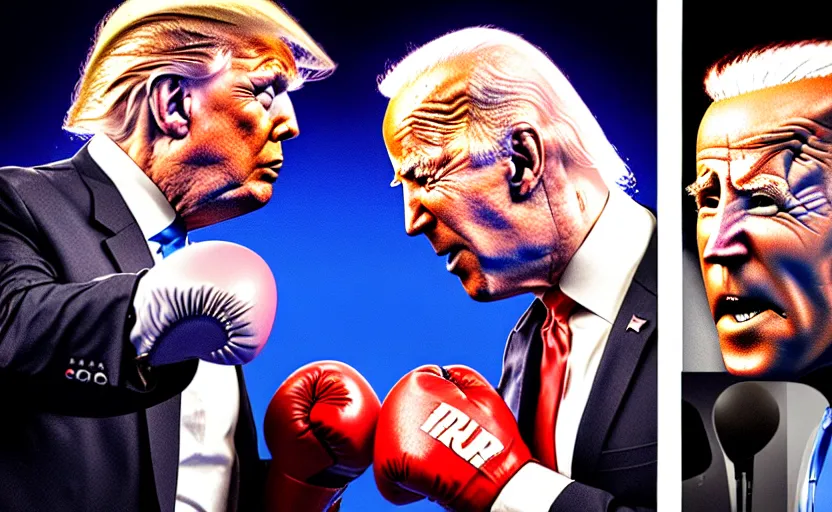 Image similar to boxing match between donald trump vs joe biden, stage lighting, political cartoon