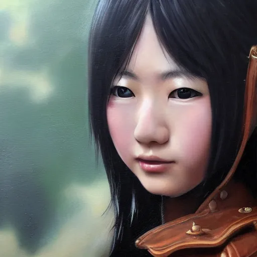 Image similar to perfect, realistic oil painting of close-up japanese young woman wearing leather jacket, in Guild Wars