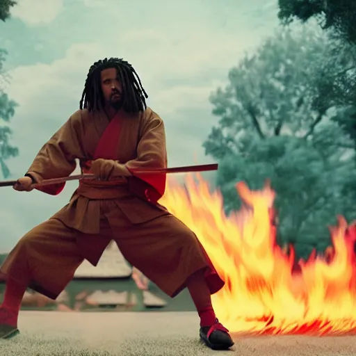 Image similar to cinematic film still of J.Cole starring as a Samurai holding fire, Japanese CGI, VFX, 2022, 40mm lens, shallow depth of field, film photography