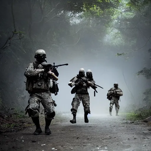 Prompt: Mercenary Special Forces soldiers in light grey uniforms with black armored vest and helmet escorting a VIP in the jungles of Tanoa, combat photography by Feng Zhu, highly detailed, excellent composition, cinematic concept art, dramatic lighting, trending on ArtStation