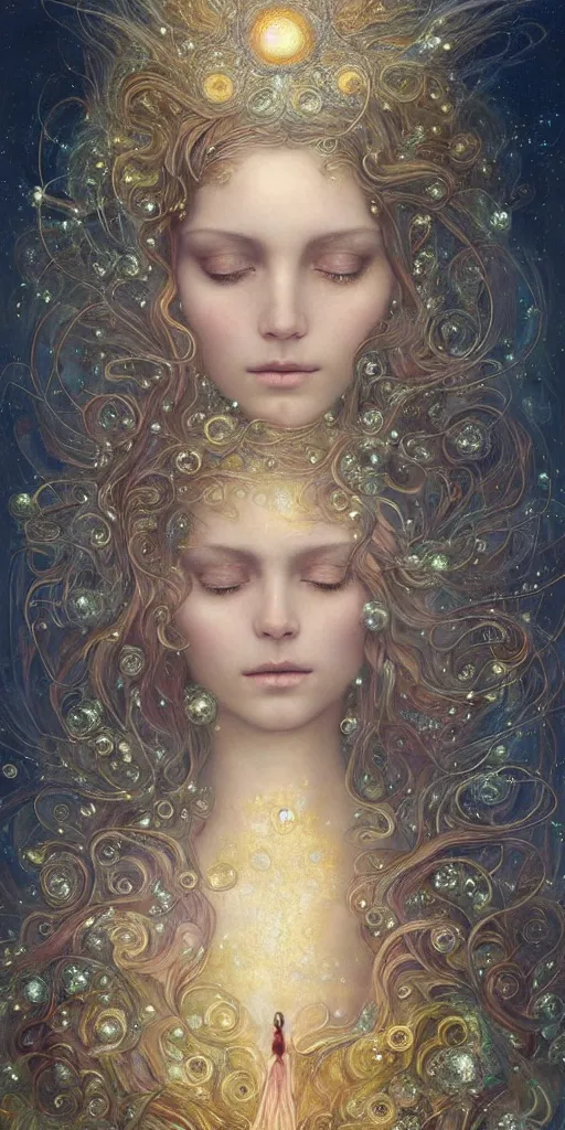 Image similar to Beautiful Delicate Detailed portrait of sun summer woman, With Magical golden eyes by Tom Bagshaw, Bastien Lecouffe Deharme, Erik Johansson, Amanda Sage, Alex Grey, Alphonse Mucha, Harry Clarke, Josephine Wall and Pino Daeni, Delicate winter frozen creature With long golden Hair and Magical Sparkling Eyes, Magic Particles; Magic Swirls, in a out of this world magical summer landscape, 4K; 64 megapixels; 8K resolution concept art; detailed painting; digital illustration; hyperrealism; trending on Artstation; Unreal Engine Photorealistic, lifelike, Unreal Engine, sharp, sharpness, detailed, 8K