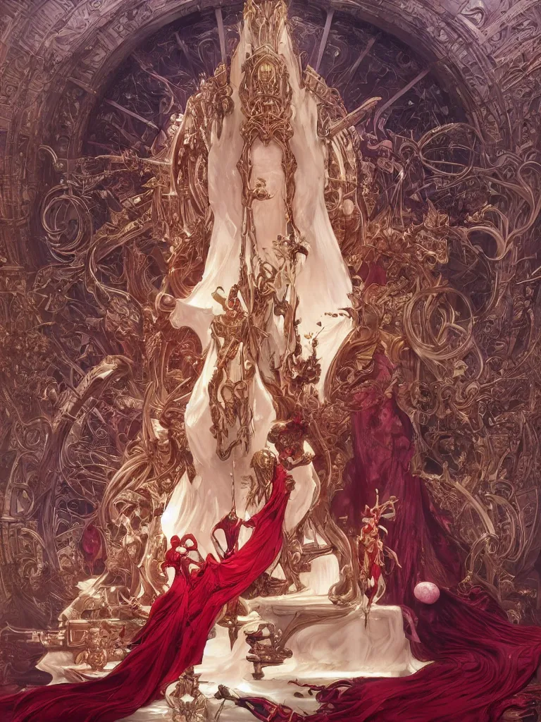 Prompt: a huge ivory throne with illithids kneeling in front of it, red tones, highly coherent, ultra realistic, concept art, eerie, highly detailed, photorealistic, octane render, 8 k, unreal engine. art by artgerm and greg rutkowski and alphonse mucha