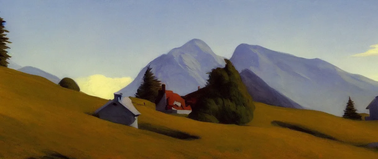 Image similar to an alpine landscape with a cottage with a smoky chimney, fall, by edward hopper, new artstation artist,