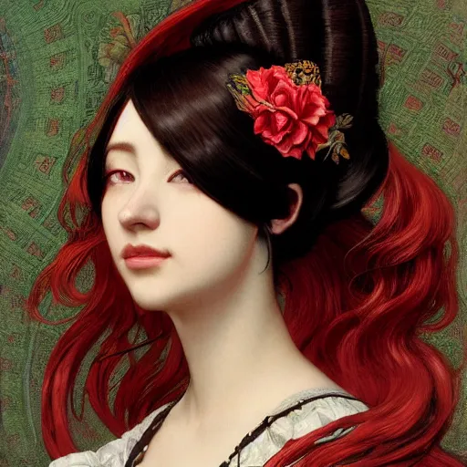 Image similar to a beautiful portrait of hatsune miku with long black and deep red colored hair dressed as a 1 6 th century european noblewoman, intricate, elegant, highly detailed, digital painting, artstation, concept art, matte, sharp focus, illustration, art by greg rutkowski and alphonse mucha