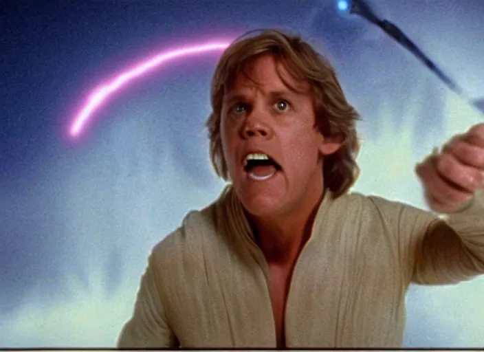 Image similar to screenshot of Luke Skywalker yelling to help Princess Leia Organa, marble planet, from the iconic scene from the lost star wars 1980s film directed by David Lynch, cinematic lighting, unsettling set design with extreme detail, moody cinematography, with anamorphic lenses, crisp, detailed, 4k image