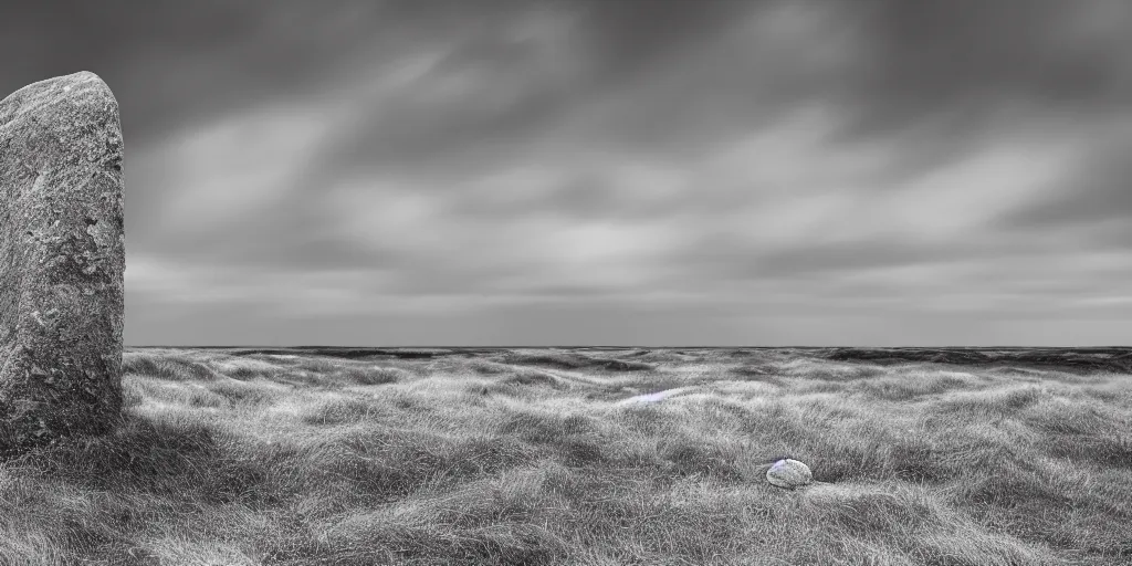 Image similar to a breathtaking surreal photograph of windswept dunes scandinavian landscape, a withered ancient altar + stone in center, blue - grey filter, ultra wide shot, cinematic, 8 k, dramatic lighting