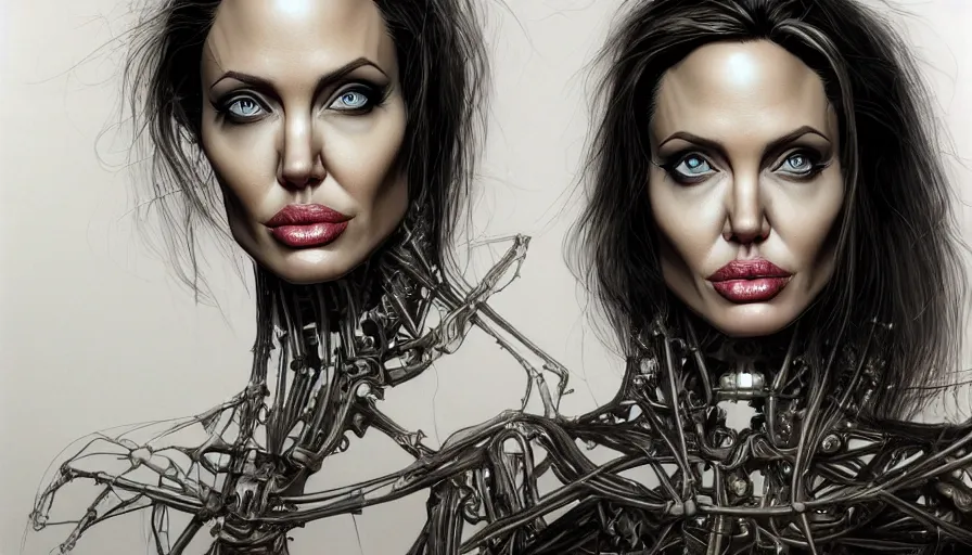 Image similar to angelina jolie by roger dean, by hr giger, biomechanical, profile portrait, hyper detailed, hyperrealism, deviantart, artstation, 4 k, highly detailed, vray rendering, unreal engine