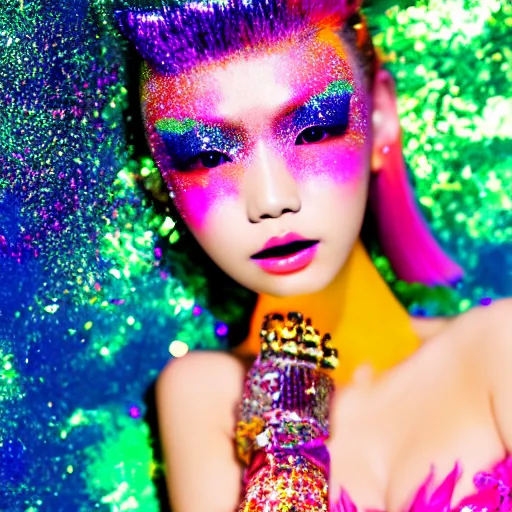 Image similar to japanese model with maximalist hair style and makeup, bright colors, fashion model, portrait shot, glitter, depth of field, 8 k, hyper detailed, intricate, trending on artstation