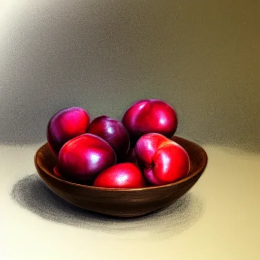 Image similar to drawing of a single bowl filled with a few moist freshly picked plums on a wooden table. painting, illustration, volumetric lighting, detailed, small scale, art, trending on artstation.