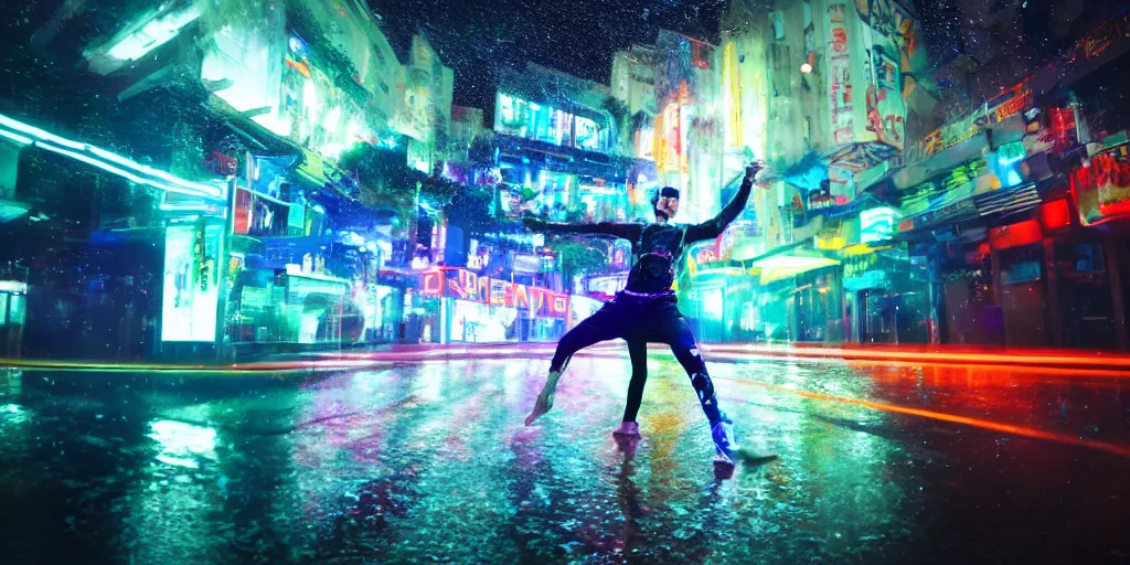 Image similar to cinematic wide angle, slow motion of futuristic break dancer wearing neon lights, trail effect, long exposure shot , at night in the middle of a rainy street, asian city, paddle of water, water splashes, rim lights, glossy reflections, water droplets on lens, octane render, detailed and soft, by jimbo phillips santa cruz, 10mm fisheye