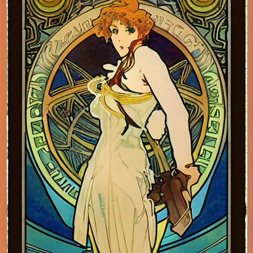 Prompt: anime manga angelic winged gundam robot astronaut portrait by Alphonse Mucha art nuevou