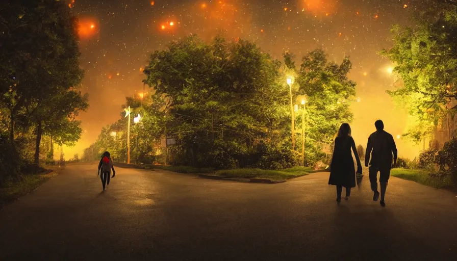 Image similar to couple walking down the street surrounded by fireflies, cinematic lighting, wow, establishing shot