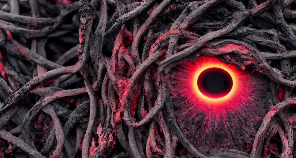 Prompt: a volcano made of ivory vines and crimson rocks enters in eruption, it spits a smoke in the shape of demonic eye, by 500px