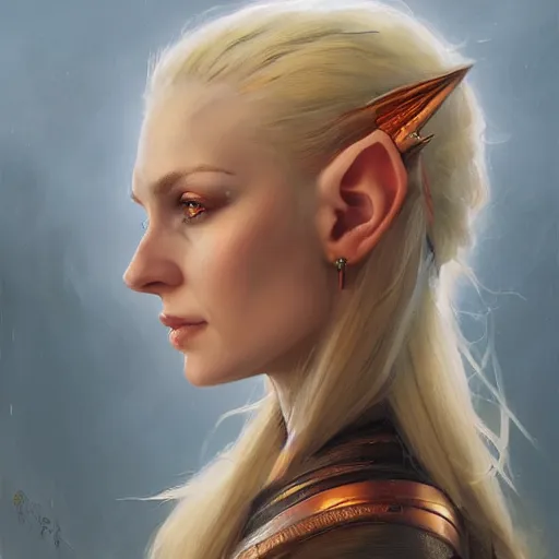 Prompt: A head-on detailed oil portrait of a pretty elf woman with small cuflhcopper horns, long blonde hair and bright irises, by greg rutkowski, trending on artstation, dungeon and dragons art
