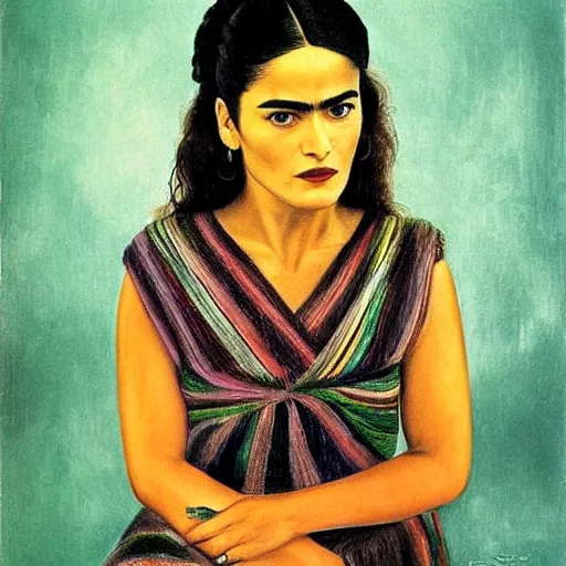 Image similar to salma hayek portrait, style by frida kahlo, art deco, portrait,