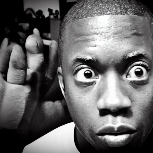 Image similar to tyler the creator staring at me through my doorbell camera, b&w, night, fish eye lens, creepy