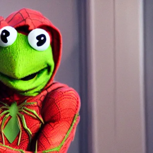 Image similar to photo of Kermit the frog as spider man in averngers movie