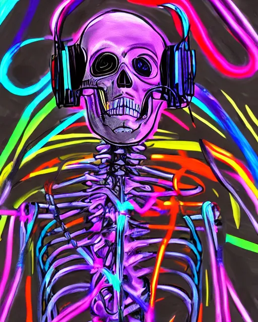 Prompt: xsullo digital painting of cyberpunk skeleton tethered to a bunch of wires and cords and chains wearing a vr headset neon glowing painting