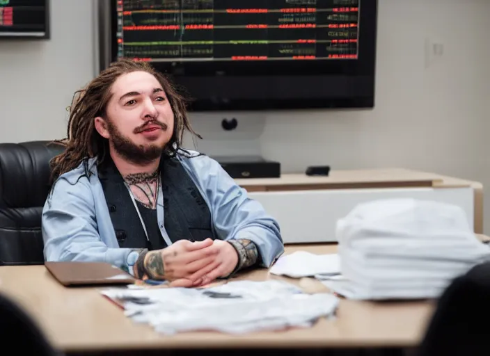 Image similar to dslr photo still of post malone as a stock broker, 8 k, 8 5 mm f 1 6