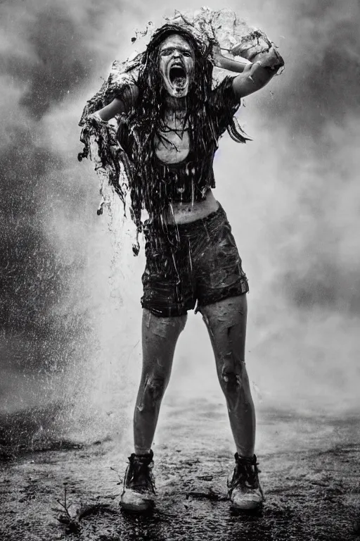 Prompt: apocalyptic photograph of a teenage girl screaming face toward the camera wearing wet!! and ripped!!! shirt and shorts, fearful, skin, a terrifying robot!!! stands very tall in the distance, short dof, atmospheric, rain and smoke and lightning, bold colors, dramatic movie still, photograph by nick ut