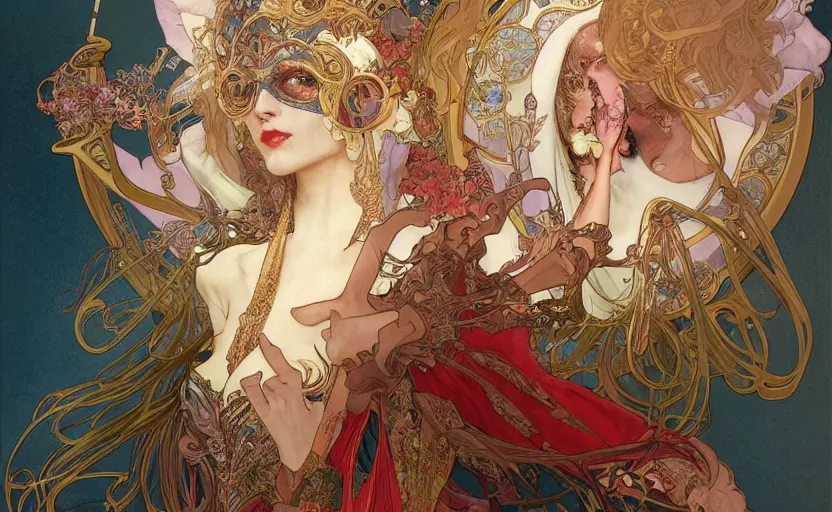 Prompt: the enchanted venice carnival dream with dancing masked people, behance hd artstation,, by moebius, alphonse mucha, ayami kojima, amano, greg hildebrandt, and mark brooks, feminine, female, sexy, seductive, art nouveau, cyberpunk, neo - gothic, gothic, character concept design, dynamic light, stylised illustration