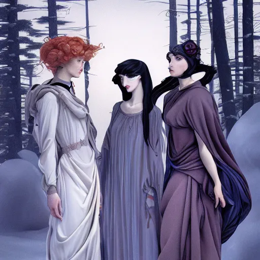 Prompt: 3 Figures as Winter Spirits, style is a blend of Æon Flux, Botticelli, and John Singer Sargent, inspired by pre-raphaelite paintings, shoujo manga, and Harajuku street fashion, moody frigid landscape, dark and muted colors, somber, hyper detailed, super fine inking lines, 4K extremely photorealistic, Arnold render