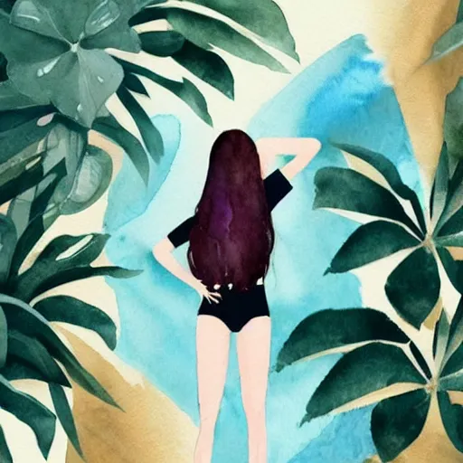 Image similar to a room full of beautiful house plants and a pretty woman with pale skin, long black hair with bangs, wearing shorts and t shirt, abstract, golden light, beautiful watercolor art trending on artstation