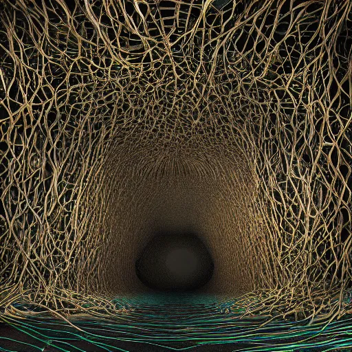 Prompt: the portal of nothingness lies under piles of modular synth cables mixed with mangrove roots, a place we can call our own together, by cameron gray, wlop, stanley kubrick, masamune, hideki anno, jamie hewlett, unique perspective, trending on artstation, 3 d render, vivid