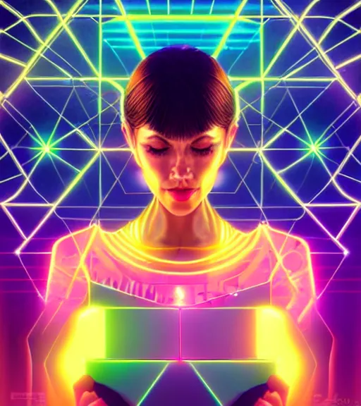 Image similar to symmetry!! latin princess of technology, solid cube of light, hard edges, product render retro - futuristic poster scifi, lasers and neon circuits, beautiful woman latin princess, intricate, elegant, highly detailed, digital painting, artstation, concept art, smooth, sharp focus, illustration, dreamlike, art by artgerm