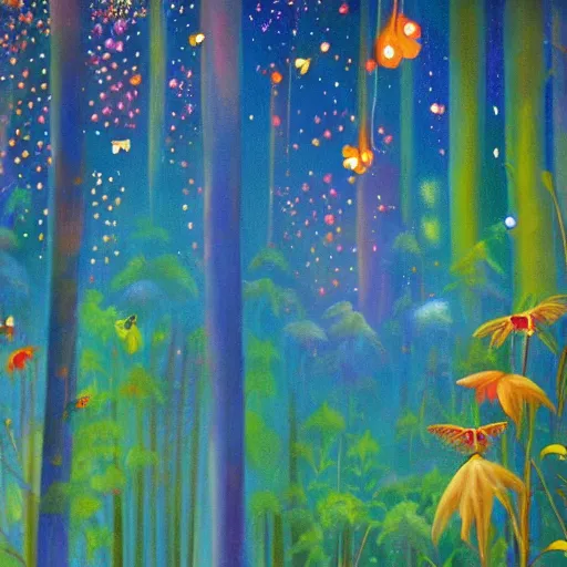 Image similar to a beautiful painting of an enchanted forest full of tropical flowers and fireflies, by agnes lawrence pelton, trending on artstation