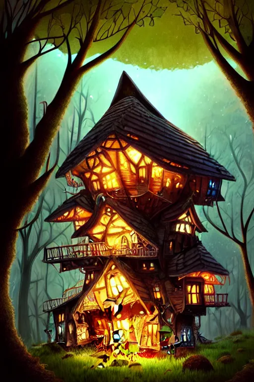 Image similar to a storybook illustration of a ramshackle multistory fairytale hut in the forest, intricate, elegant, fantasy, highly detailed, digital painting, concept art, sharp focus, artstation