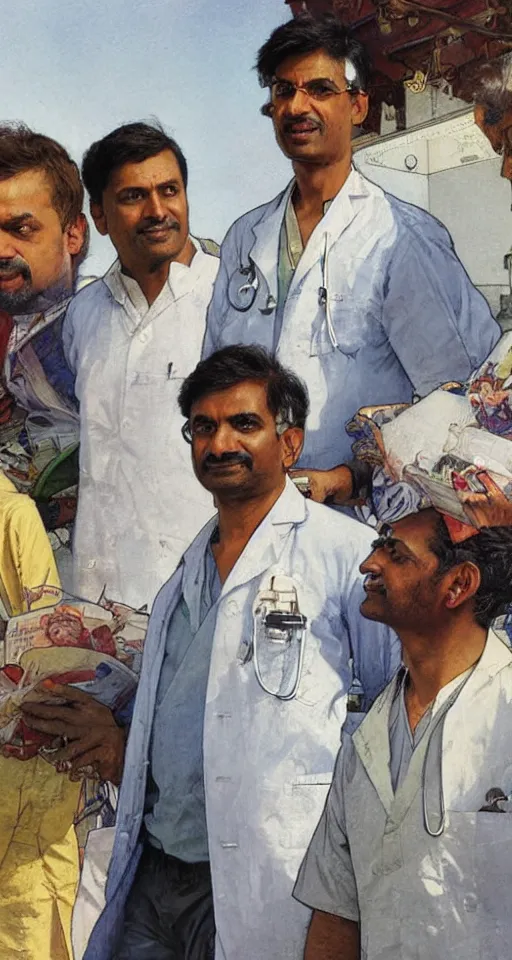 Image similar to close up of three Indian doctors in scrubs disembarking at Heathrow, sun shining, photo realistic illustration by greg rutkowski, thomas kindkade, alphonse mucha, loish, norman rockwell.