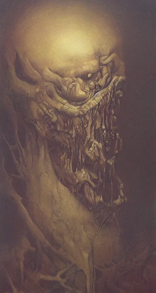 Image similar to Painting in a style of Beksinski featuring a giant alien crying. Pain and suffering in the background