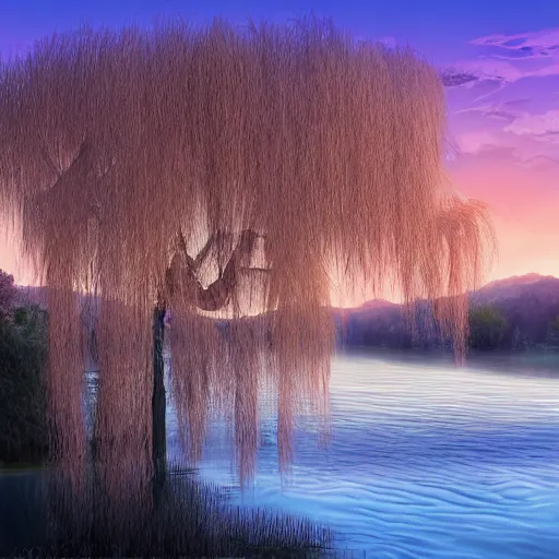 Image similar to featured on artstation majestic willow tree overlooking swirling river at sunset, beautiful image stylized digital art