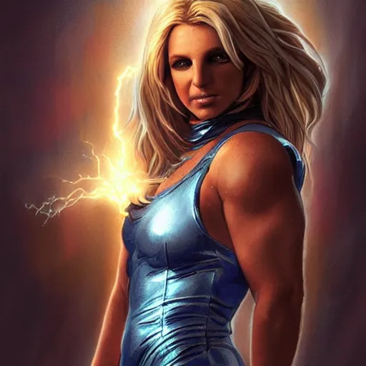 Image similar to britney spears as the greek god of lightning, highly detailed, by artgerm and greg rutkowski