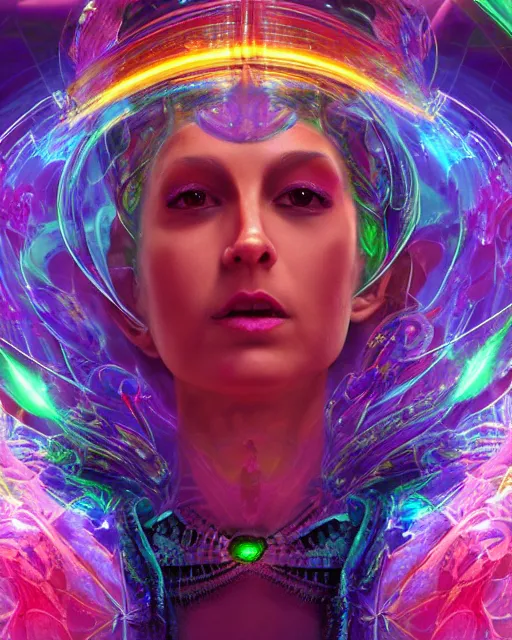 Image similar to a powerful energy psychedelic matrix priestess, by alexander fedosav, hyper detailed digital matte painting, concept art, hyperrealism, 1 6 k resolution, cinema 4 d, 8 k resolution, trending on artstation, behance hd, a masterpiece, by stephan martiniere, particles, cel - shaded, power bright neon energy, by david a. hardy,