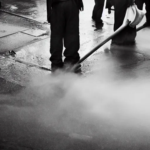 Prompt: closeup portrait of a cleaners mopping up the tears of crying people in a new york street, natural light, photography, world press photo