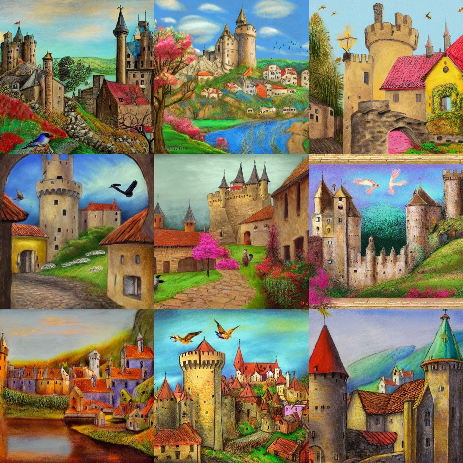 Prompt: a medieval village with a castle, birds, pastel, colorful