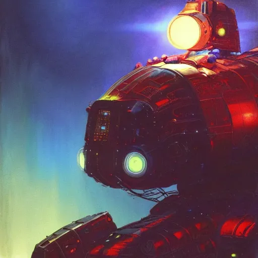 Image similar to a dark and colorful close - up of a sci - fi mecha spaceship with led lights glowing fog in the background. highly detailed science fiction painting by norman rockwell, frank frazetta, and syd mead. rich colors, high contrast, gloomy atmosphere, dark background. trending on artstation