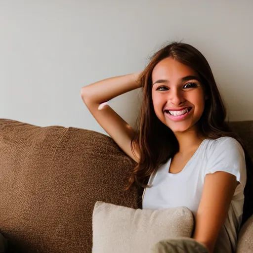 Image similar to a cute young woman smiling, long shiny bronze brown hair, full round face, green eyes, medium skin tone, light cute freckles, smiling softly, wearing casual clothing, relaxing on a modern couch, interior lighting, cozy living room background, medium shot, mid-shot, soft focus