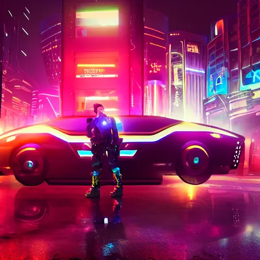 Image similar to A cyber police officer standing next to a futuristic police car in a cyberpunk city, ultrarealistic, detailed, dimly lit, neon lit signs, neon, sci fi, 4k, artstation, octane, unreal