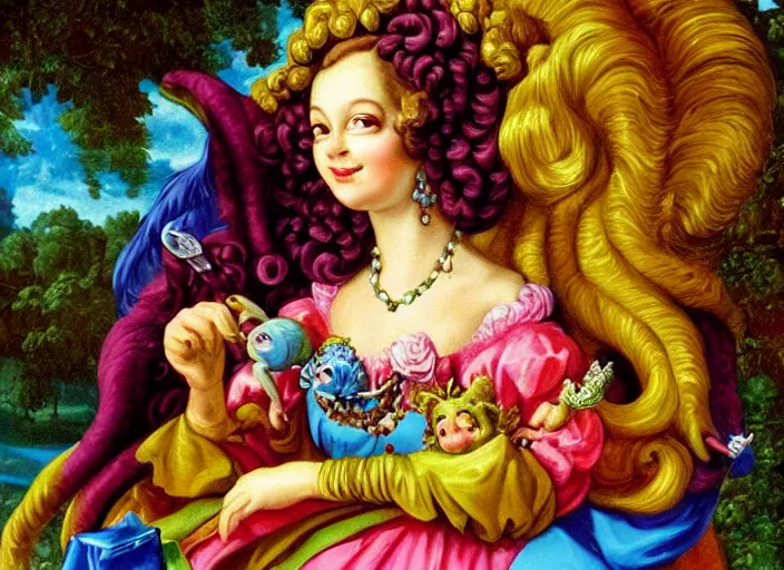 Prompt: baroque rococo painting Royal Fancy Goblin Hildebrandt Lisa Frank high detail cute whimsical