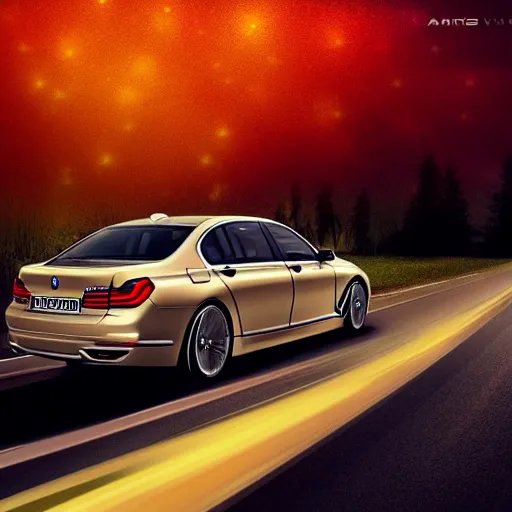 Image similar to a [ bmw 7 ]!! driving on an empty highway at night, [ fireworks in the sky ]!!, and a [ wooded forest ] in the background, trending on artstation, [ digital art ]!!, [ golden ratio ]!!, centered!!