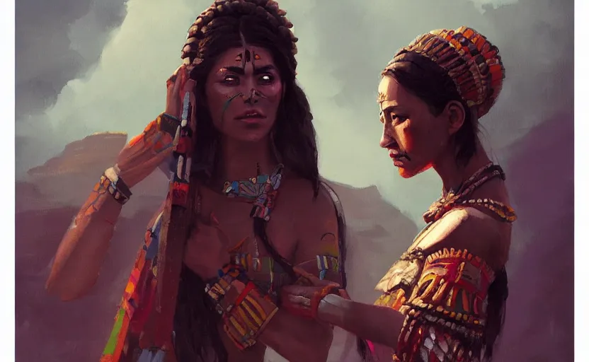 Image similar to A painting of a Aztec Woman trending on artstation in the style of Greg Rutkowski