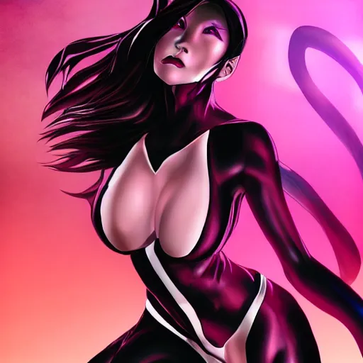 Prompt: psylocke from xmen in a dark anime horror, dark manga style realistic, photo taken by the death purple god